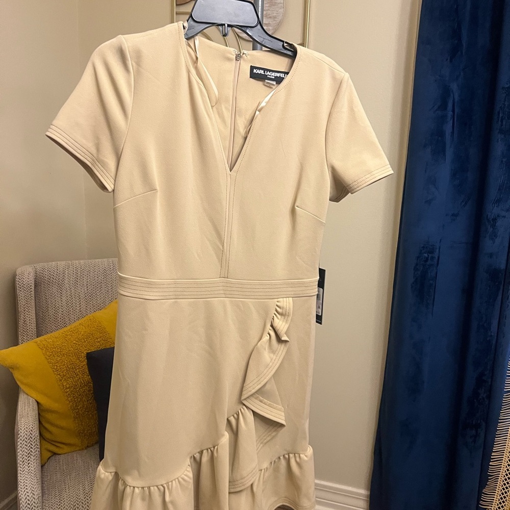 Karl Lagerfeld Beige Mini Dress with Asymmetric Ruffle